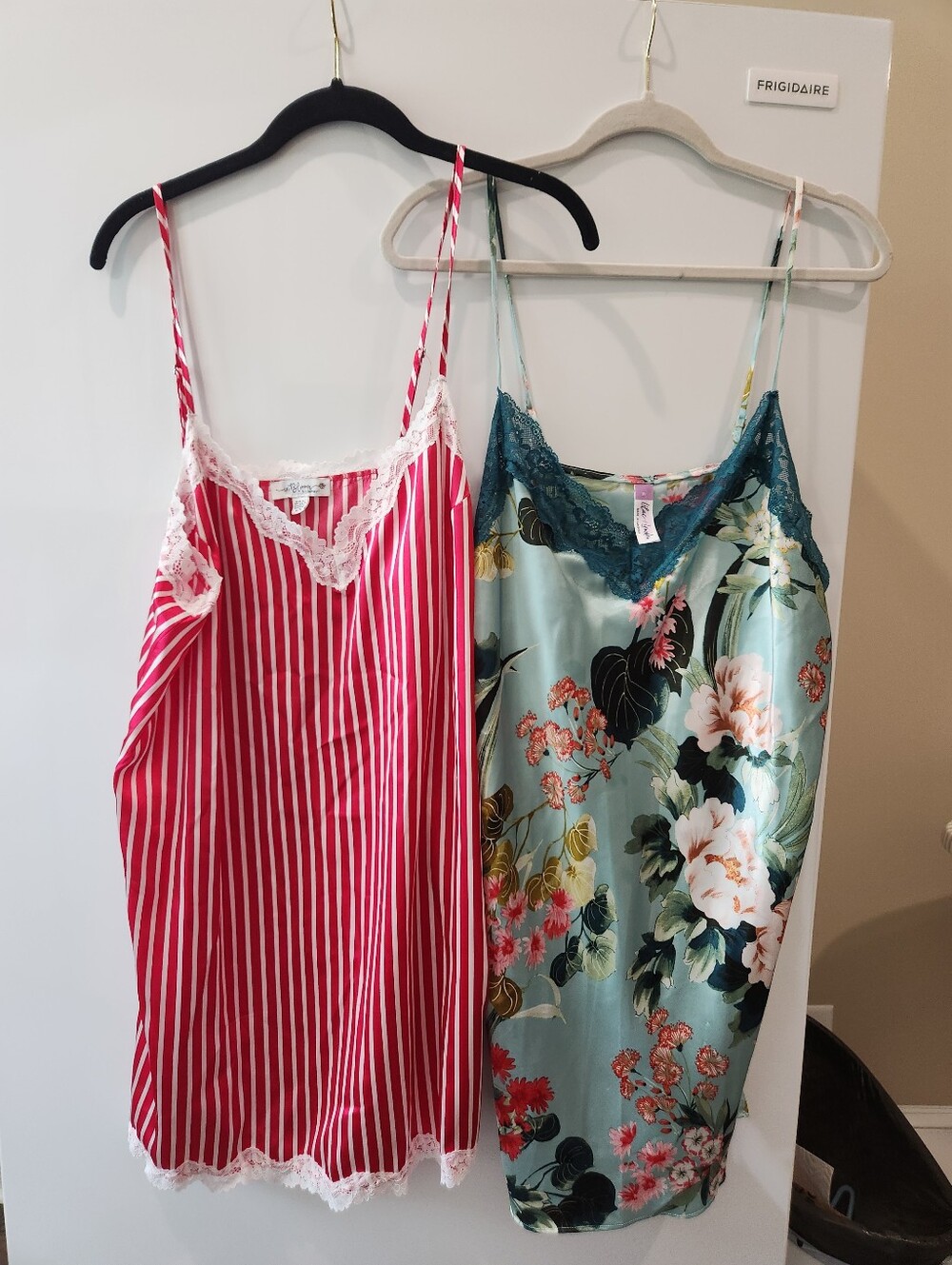 Red & White Striped Lace Trim Slip Dress + Teal Floral Satin Slip Dress